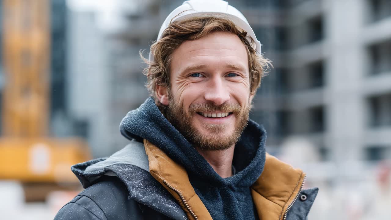 A cheerful construction worker with a hard hat and a warm smile, showcasing safety and professionalism in an urban construction environment