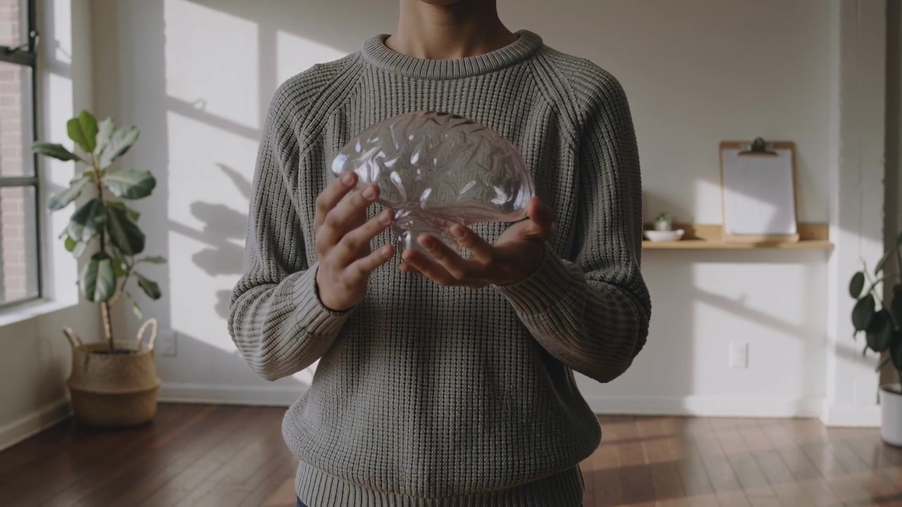 Holding clear brain model, adult in sweater adjusting, moving it closer to lens in living room