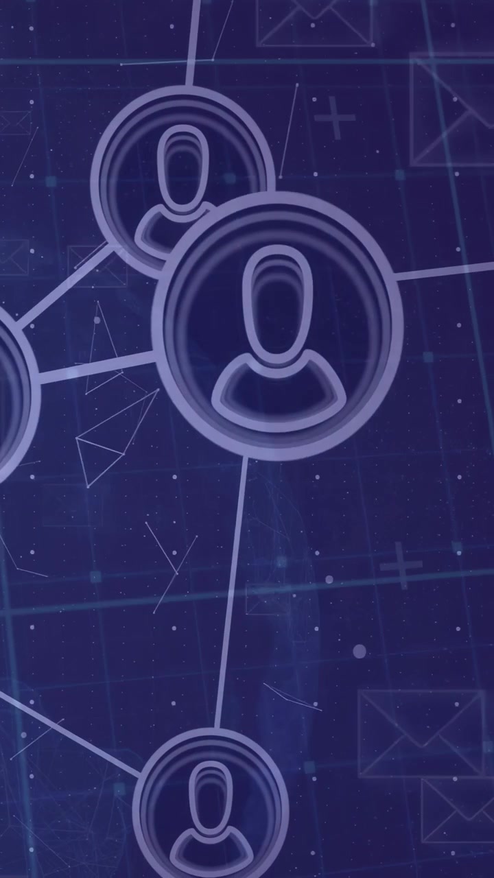 Vertical video: Floating rings sparking user nodes morphing into linked network, showing messages