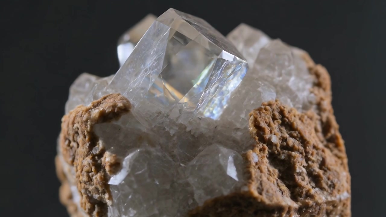 En mineralprøve roterer på en dreieskive i et studio, og avslører en klar kubisk krystall og en brun matrise.