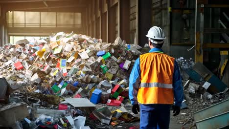a worker in a hard hat and vest surveys a large pile of recyclables in a warehouse