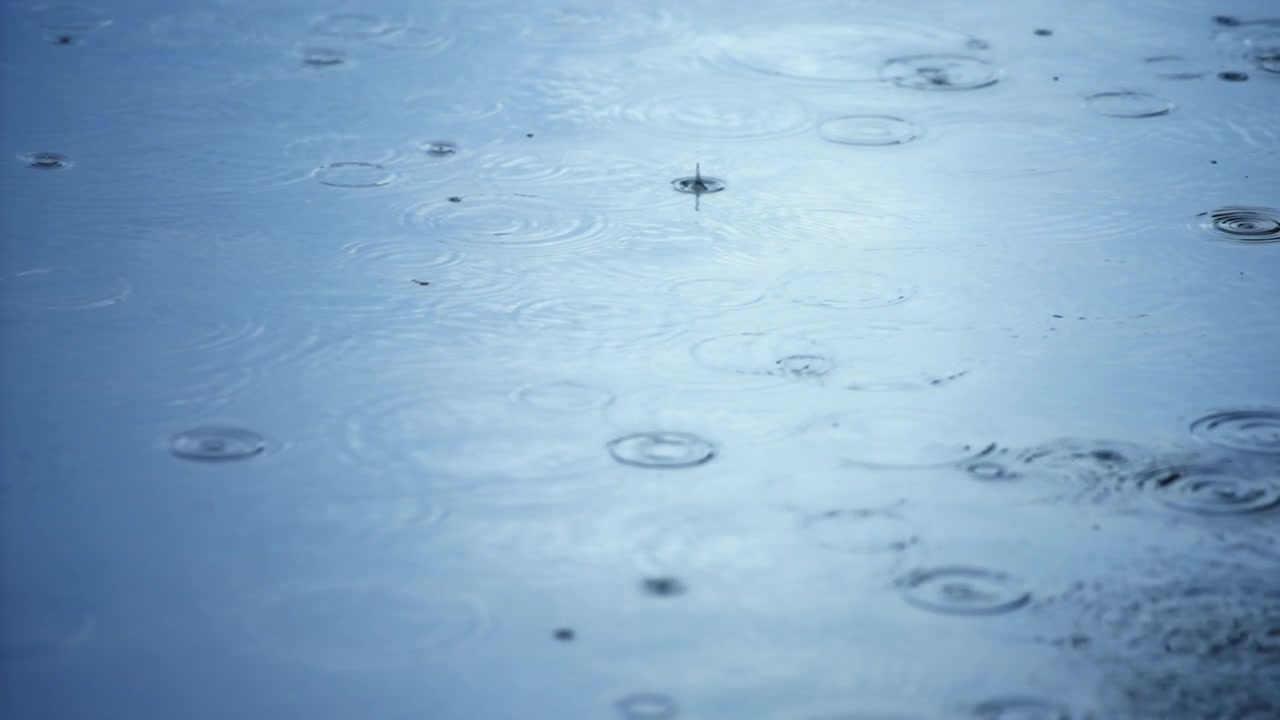 青い水面に落ちる雨粒。