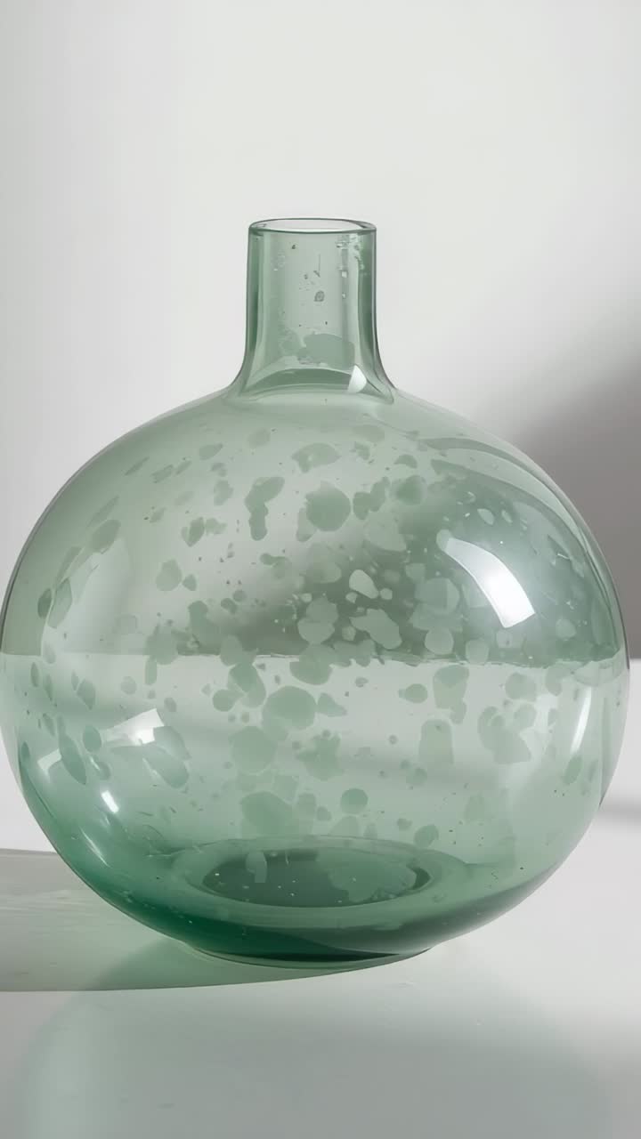 Vidéo verticale : le cadrage serré de la caméra met en évidence un vase en verre menthe qui domine la table, révélant son éclat