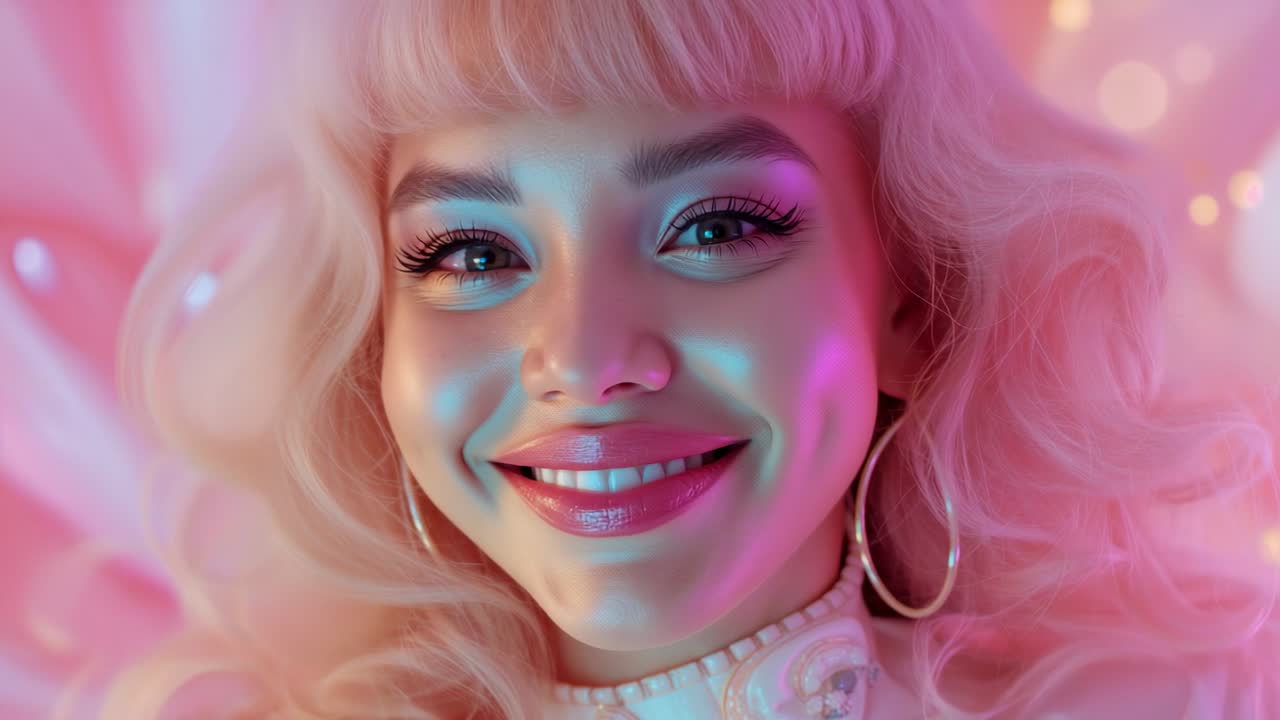 Closing eyes initiating pause, model smiling with hoop earrings and pearl collar in pastel studio