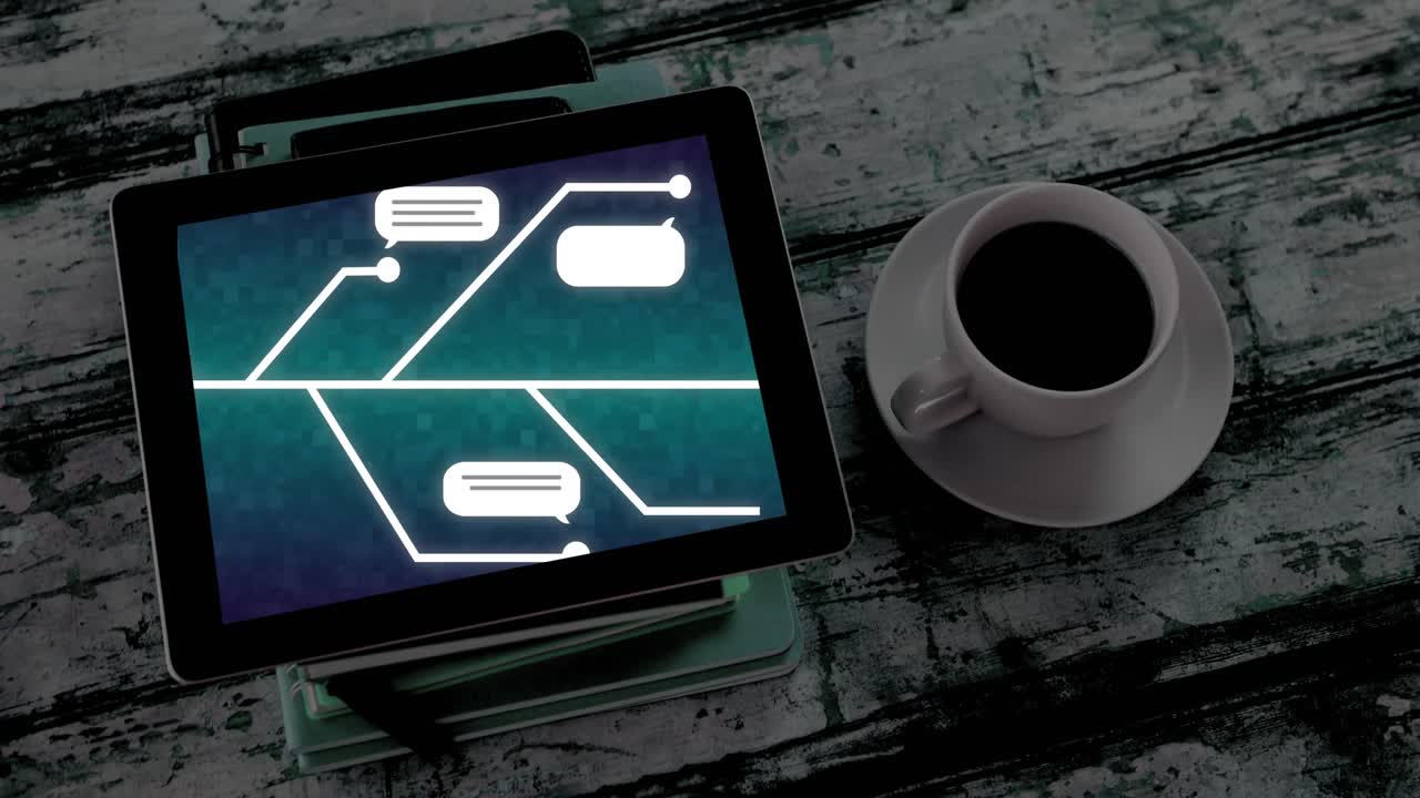 Animation of ai chat and data processing over tablet screen on desk