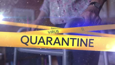 words danger, virus, quarantine written on yellow tape over senior woman. covid-19 spreading