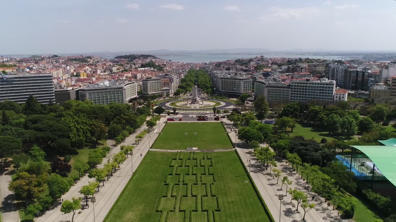 Lisbona, Portogallo, paesaggio urbano aereo, Parco Eduardo VII e Piazza Marquês de Pombal