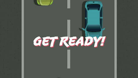 animación de texto listo sobre la pantalla con videojuego de carreras de coches