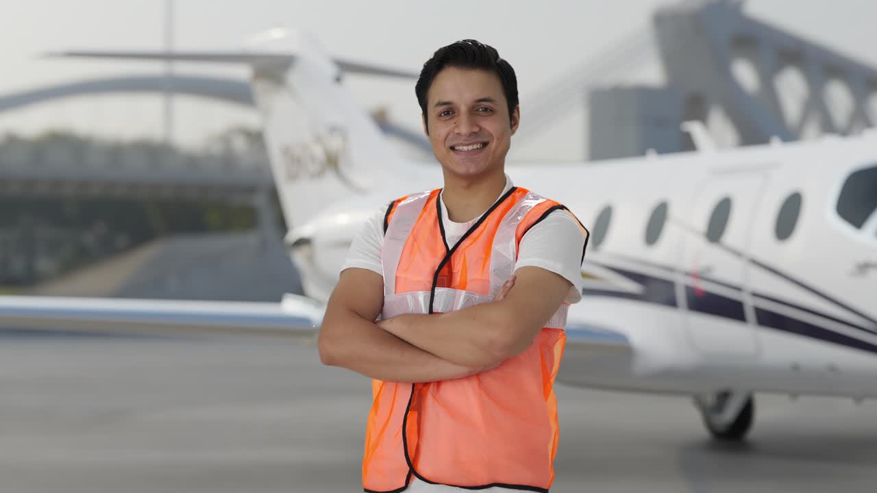 retrato del feliz trabajador del personal de tierra del aeropuerto indio de pie con las manos cruzadas
