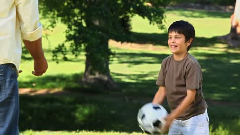 dad and son playing with a ball