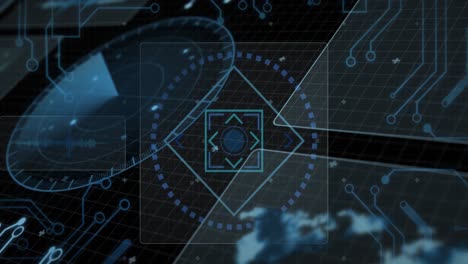 animación de la interfaz con escáner redondo, conexiones de microprocesador y procesamiento de datos