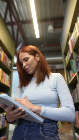 young woman studying in a library with a tablet