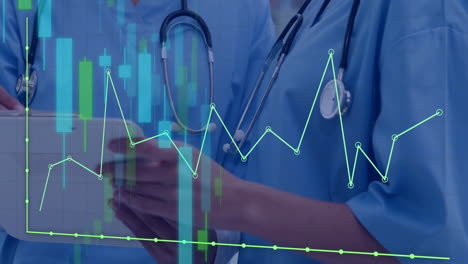 animation of financial data processing over diverse doctor using tablet