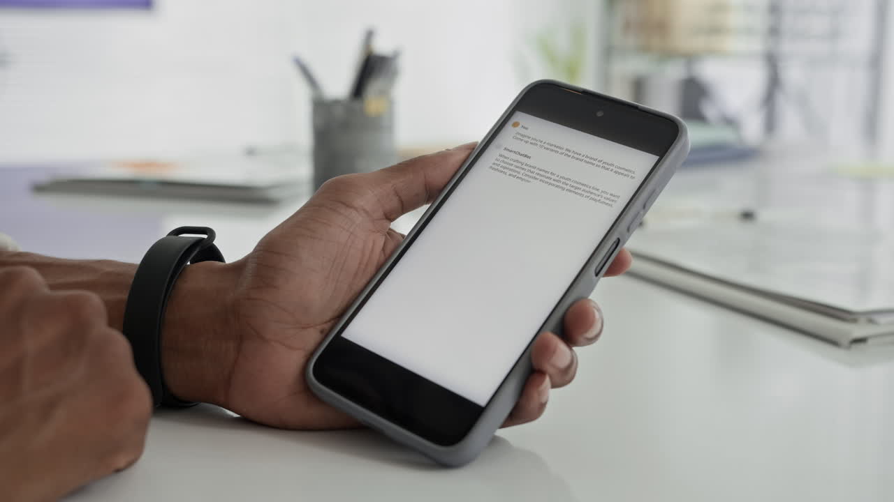 Hands of Manager Holding Smartphone when Emailing at Desk