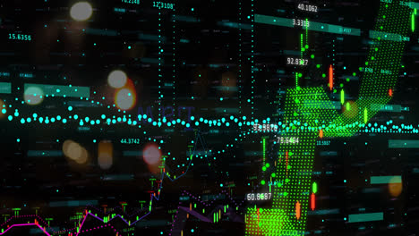 animación de estadísticas y procesamiento de datos financieros sobre luces de carretera de la ciudad fuera de enfoque