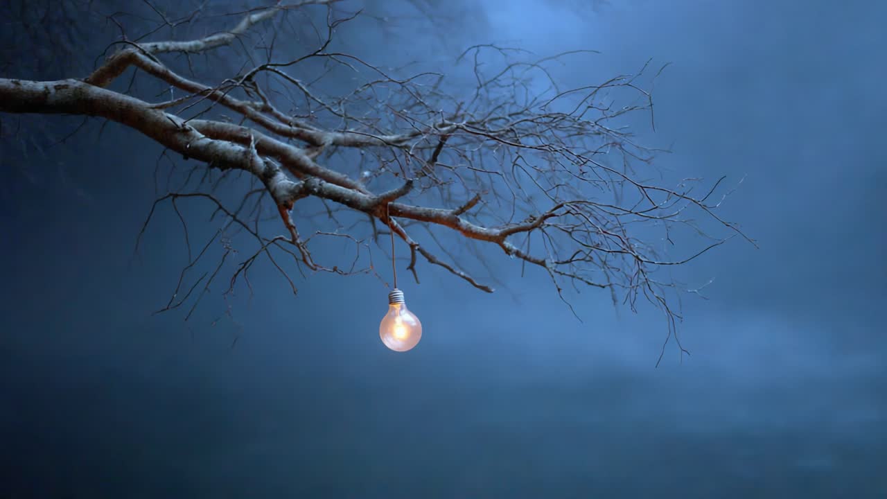A solitary light bulb hangs from a barren branch in a foggy ambiance, illuminating the darkness and showcasing the contrast between nature and artificial light