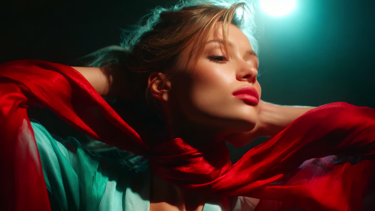 Un ritratto mozzafiato di grazia ed eleganza che cattura una donna sicura di sé con una sciarpa rossa, che irradia bellezza e compostezza sotto una luce soffusa, evocando emozione e stile in una cornice artistica