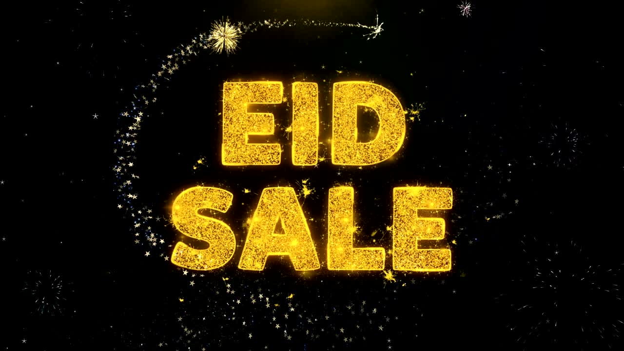 Eid Sale Text on Gold Particles Fireworks Display.
