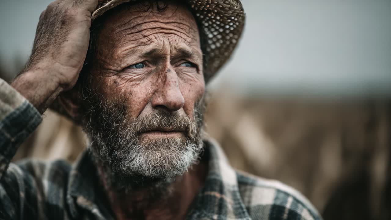 A pensive man in a straw hat and plaid shirt, gazing thoughtfully into the distance against a backdrop of blurred harvest, reflecting on life, challenges, and resilience