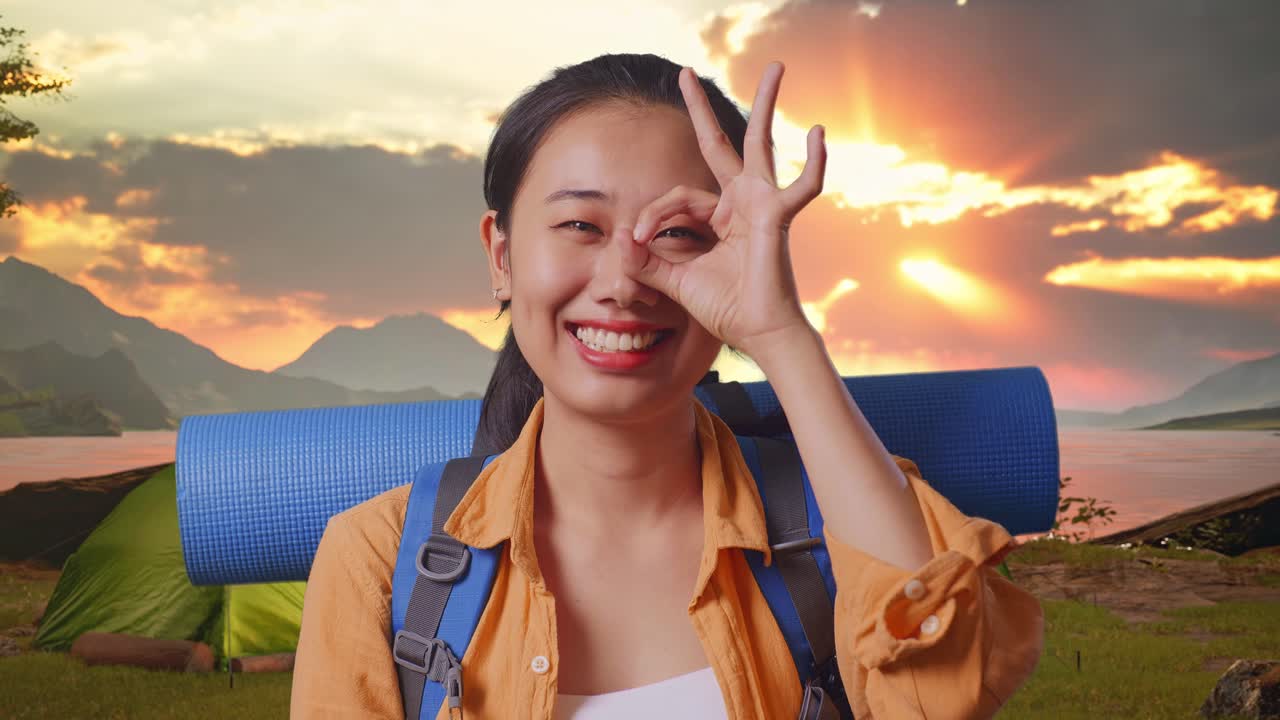 Happy Woman Camping at Sunset