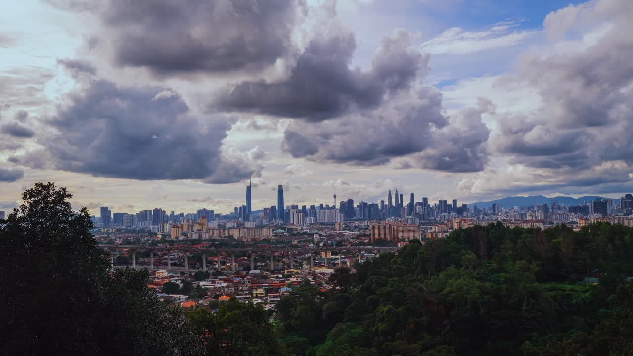 Panoramic view of the city skyline, including the TRX Exchange 106 and Petronas Towers, under heavy, dark storm clouds from a high vantage point