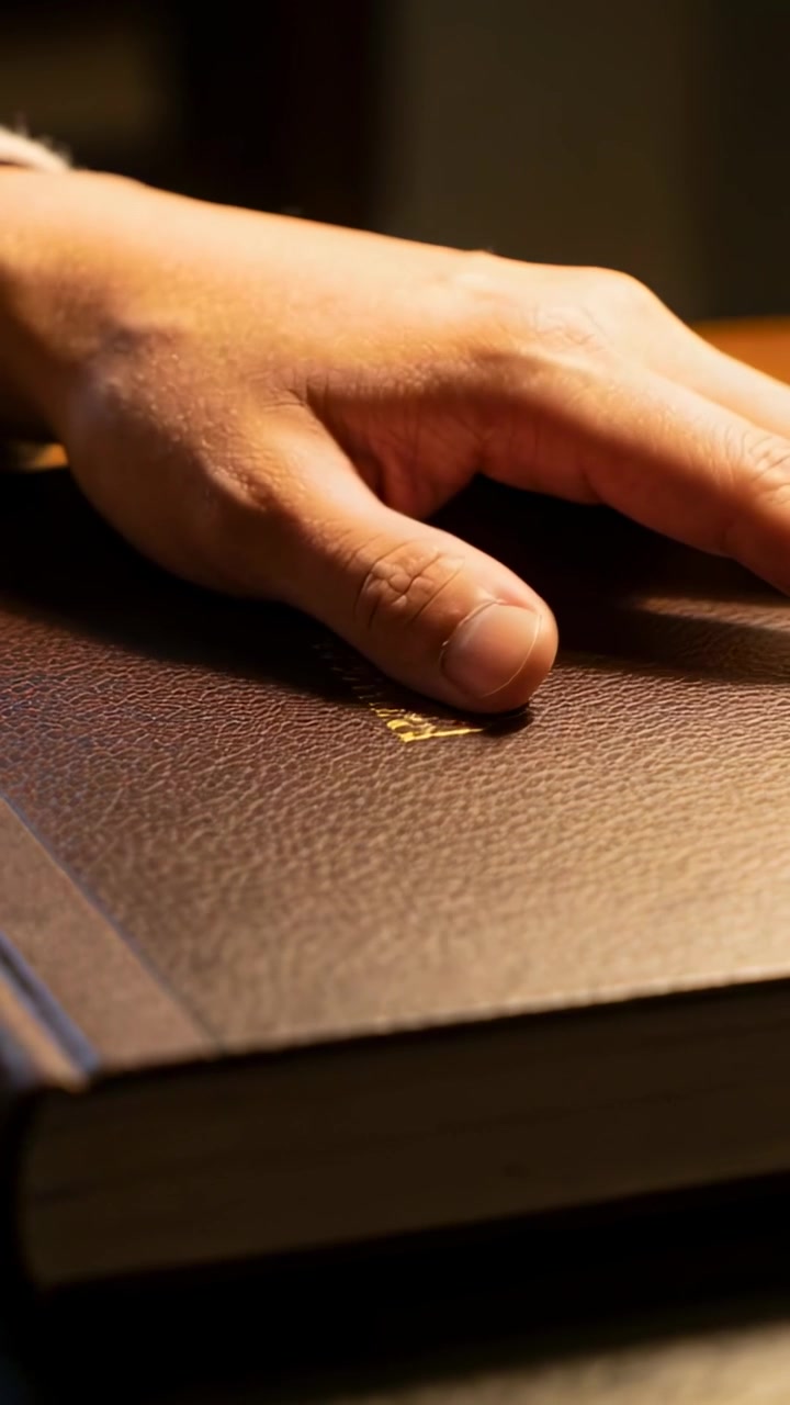 Vídeo vertical: Mão colocando a palma, dedos deslizando sobre um livro de couro na mesa, verificando um emblema dourado.