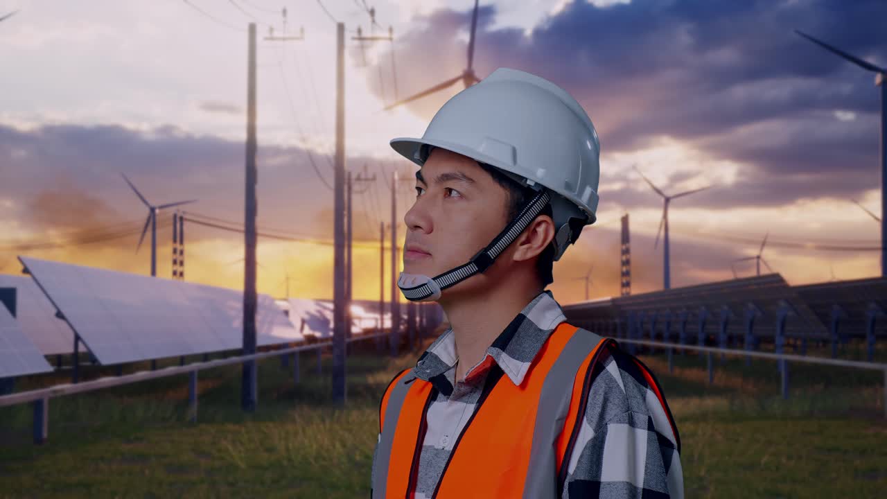 Close Up Side View Of Asian Male Engineer With Safety Helmet Looking Around While Standing With Solar Panel and Wind Turbines