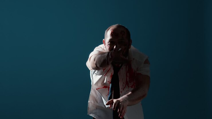 Zombie spaventoso e ringhiante che si aggira verso la fotocamera su sfondo blu
