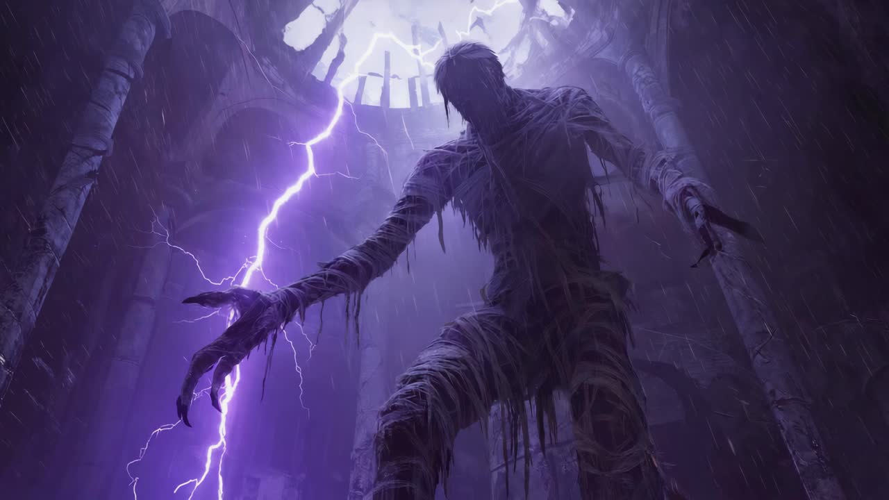 A colossal mummy-like monster illuminated by purple lightning in ancient ruins