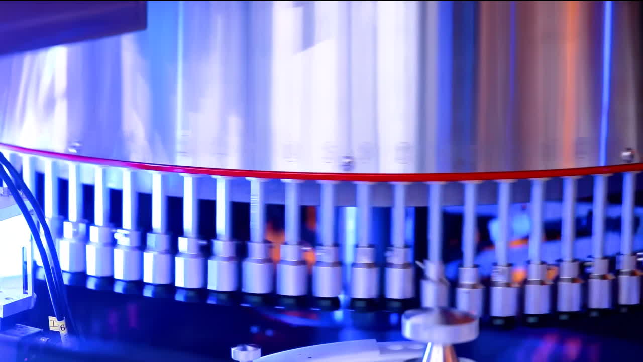 Industrial medical vials on production line at pharmaceutical factory, injection vaccine filling