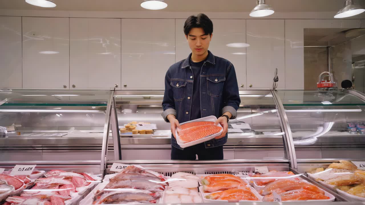 Man shopping for salmon at a grocery store