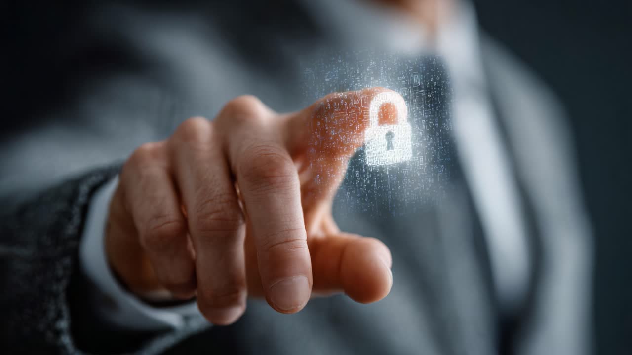 A Professional Individual Interacting with a Holographic Lock Icon, Symbolizing Digital Security and Online Protection in a Modern Business Environment