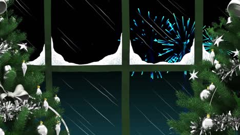 two christmas trees and window frame against fireworks exploding on black background