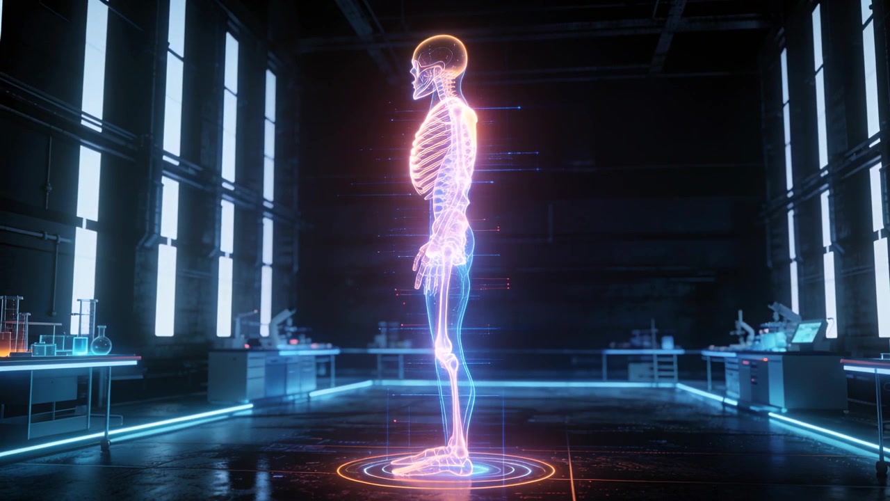 Starting scan sequence, holographic skeleton rotating on platform in research lab for study