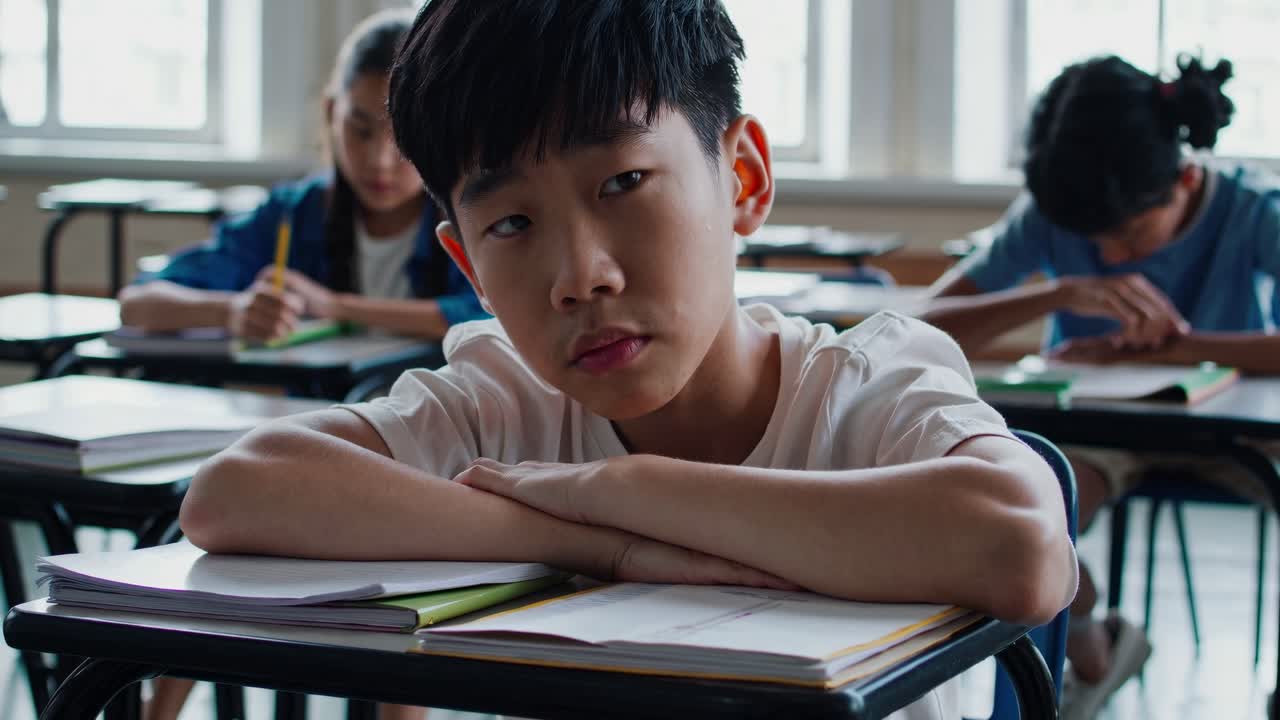 教室で、考え込む学生が前を見つめています。ローアングルで撮影された動画は