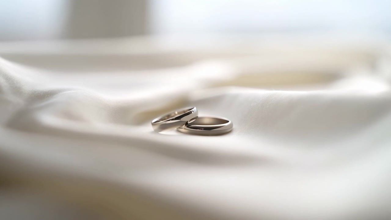 柔らかな自然光に照らされた2つの金属製の結婚指輪が、優しくドレープされた白い布の上に置かれている。明るくぼかされた背景が、穏やかでエレガントな雰囲気を醸し出している。