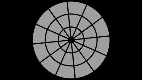 graphic object in black and white with stroboscopic and hypnotic effect, which rotates clockwise decreasing the size from full screen to disappearing in the center, in 16: 9 video format