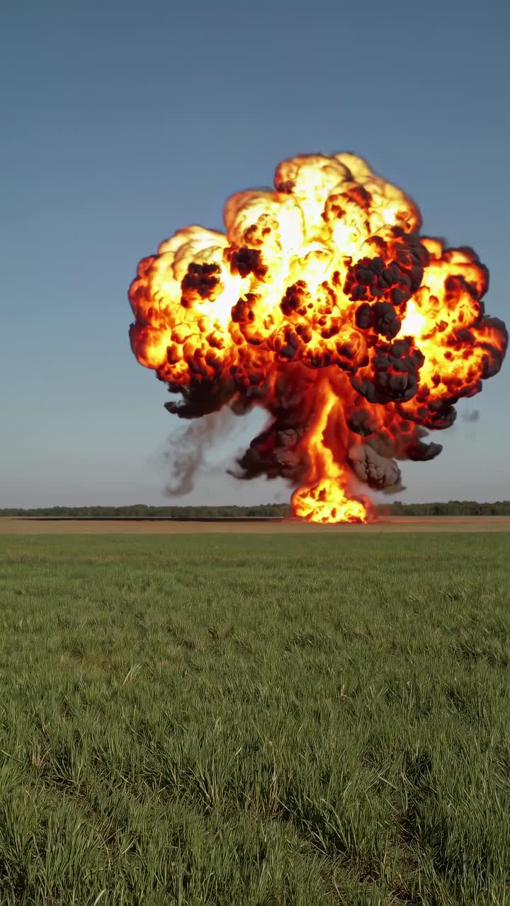 Et dramatisk videobilde av en stor eksplosjon på et jorde, tatt fra en lav vinkel, som viser flammende