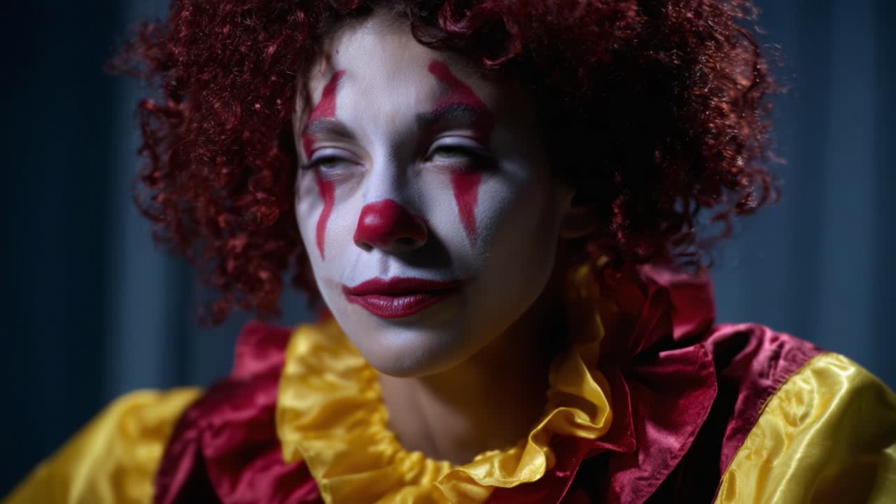 Un personaggio clown accattivante in un'illuminazione intensa, che mette in mostra una performance artistica ed espressiva, unendo umorismo e un tocco di fascino inquietante