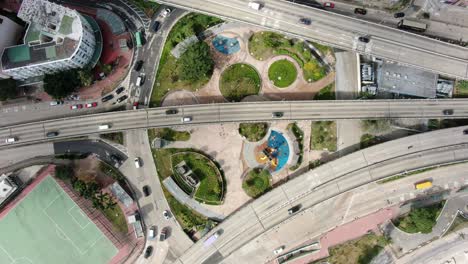 Tráfico-Urbano-En-El-Centro-De-La-Ciudad-De-Hong-Kong,-Vista-Aérea