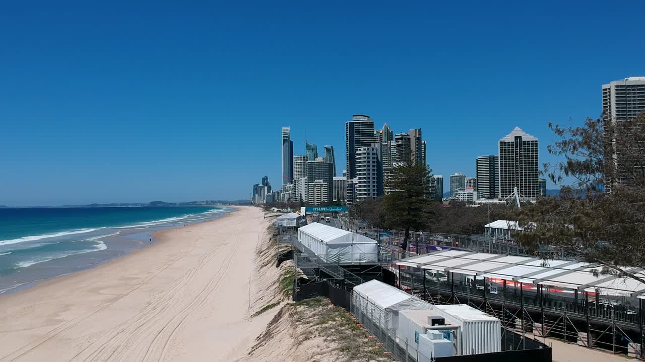 Aerial view of the Gold Coast 600 Supercars Championships showing the street circuit close to the beach and main highway