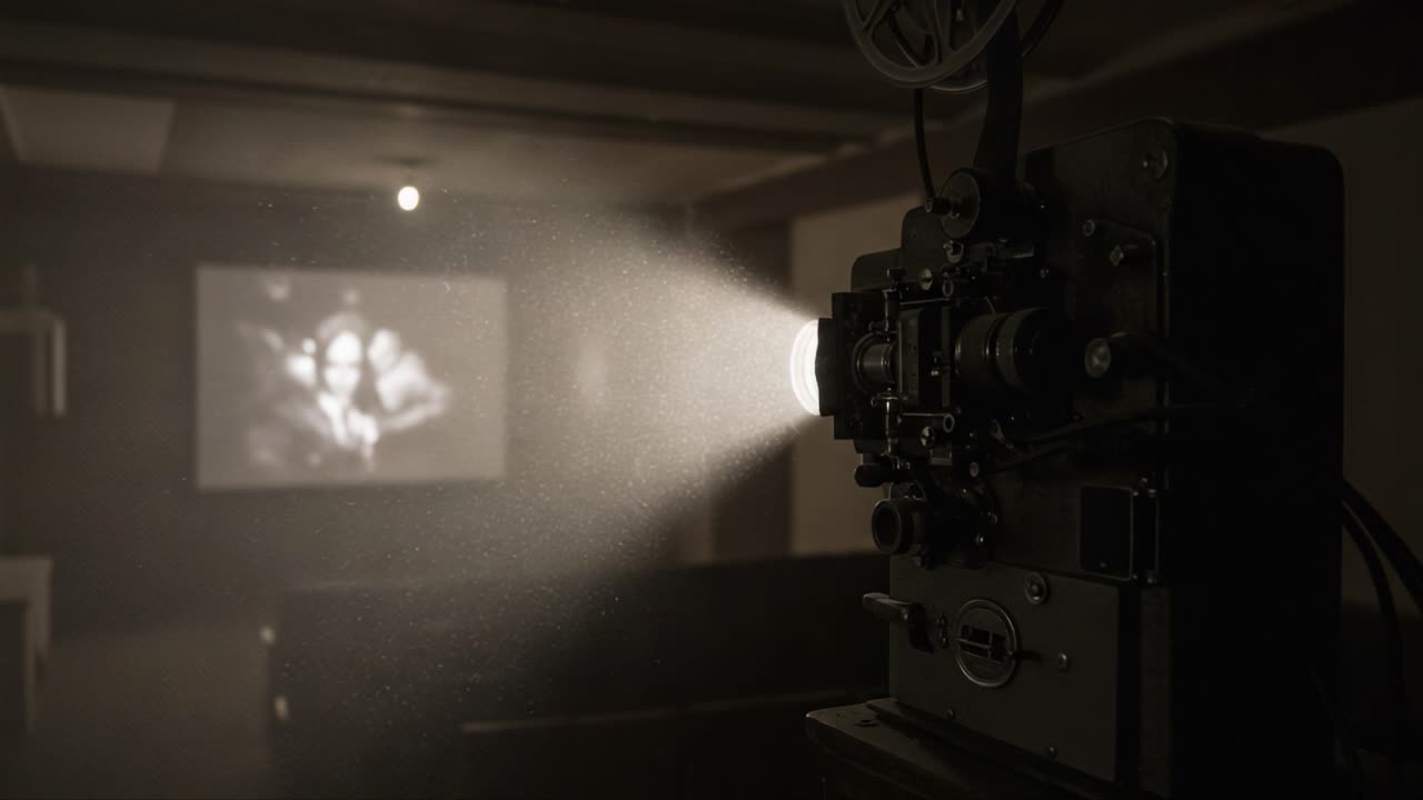 An Atmospheric Vintage Projector Casting Light in a Dimly Lit Room, Showcasing a Classic Film on the Screen, Evoking Nostalgia and the Magic of Cinema