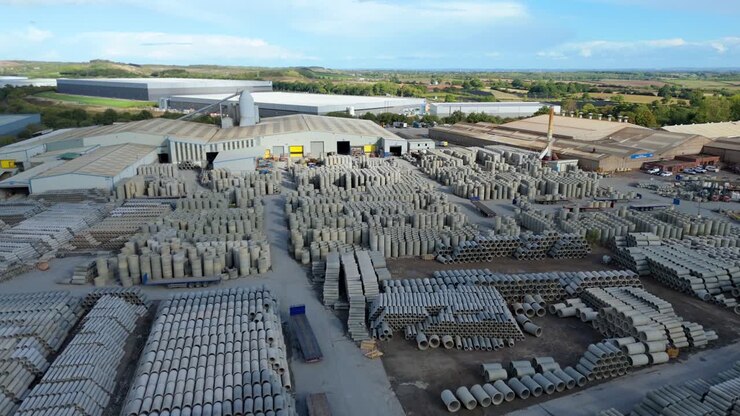 High altitude drone shot of concrete production facility in Coalville UK with visible casting zones, equipment, and industrial buildings