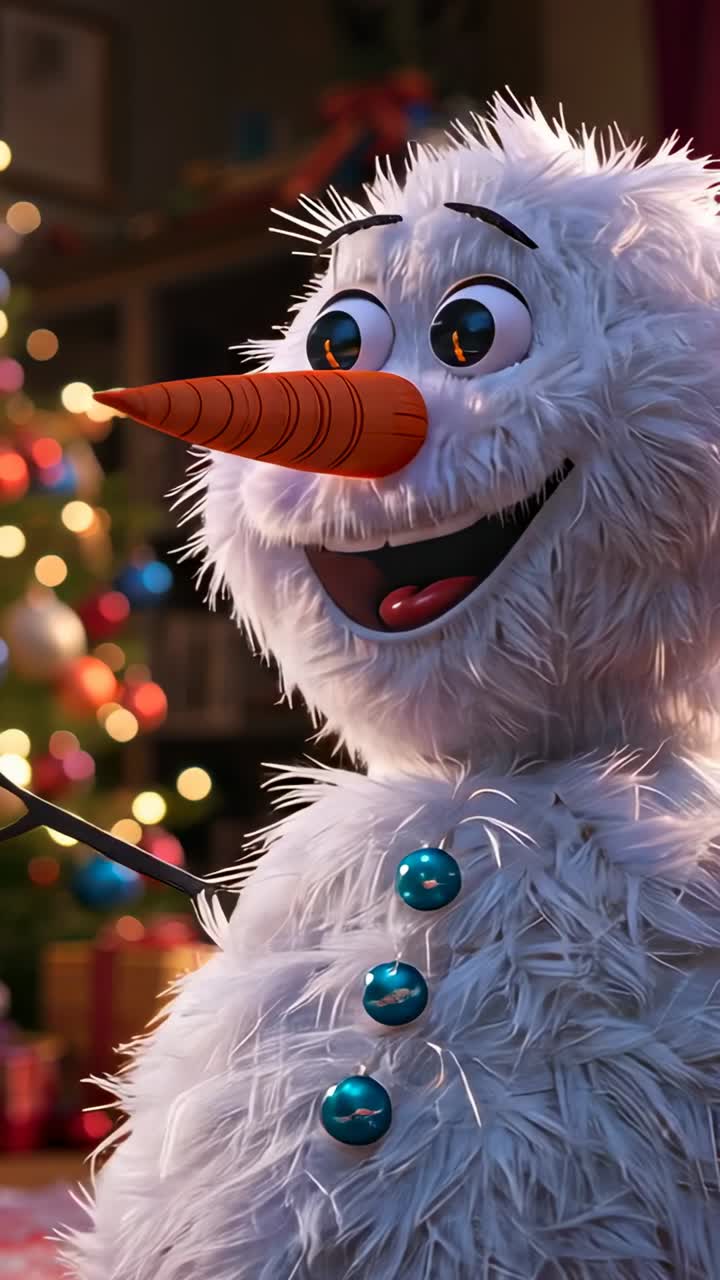 Vertical video: Smiling cartoon snowman scanning room by rotating head at home, with Christmas tree