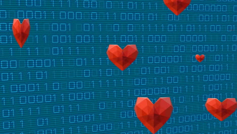 animación de corazones rojos sobre codificación binaria en fondo azul