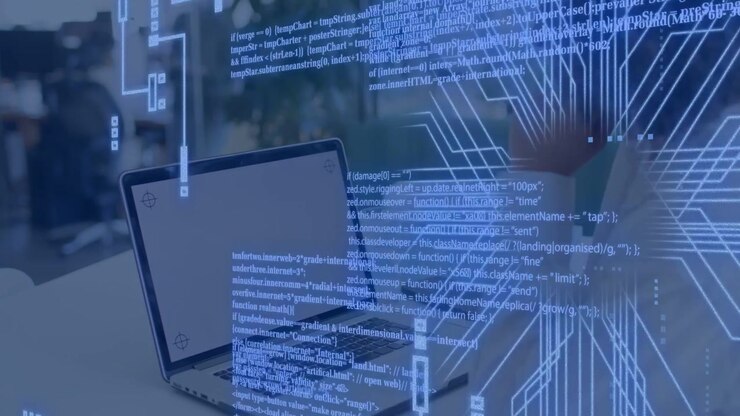 Woman leaning toward laptop in hub causing animated tech HUD appearing, emphasizing laptop, fading