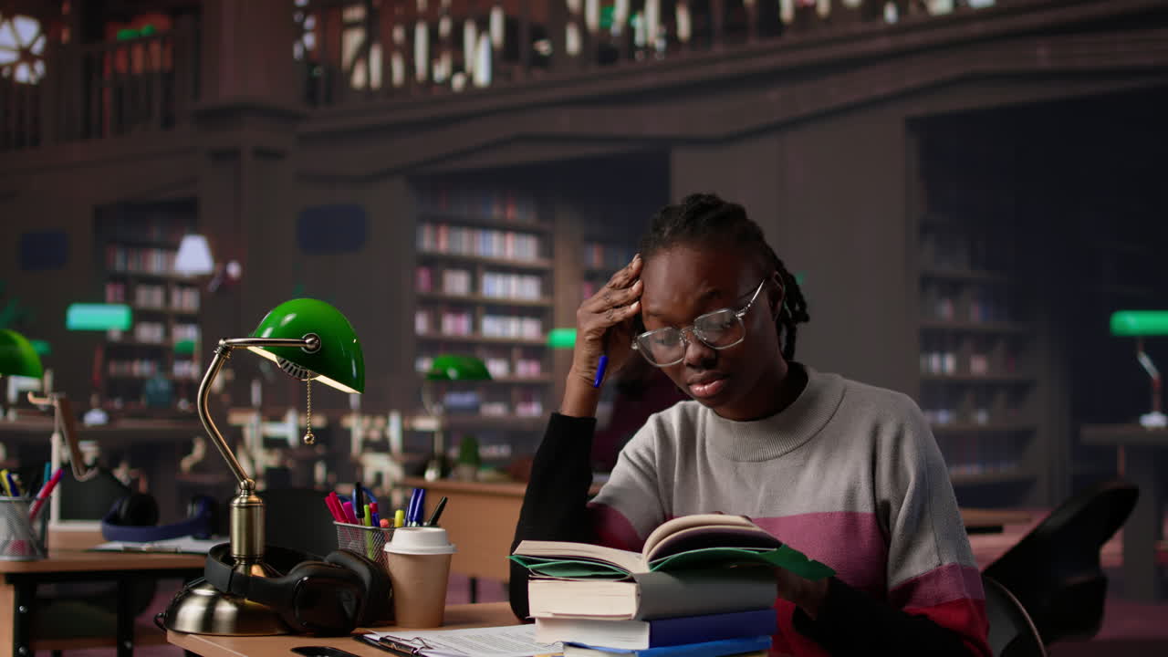 Vertical video exhausted student falling asleep while she reads for periodical exams
