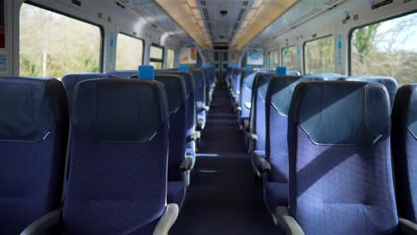 Leere-Sitze-In-Einem-Fahrenden-Zug-Auf-Dem-Land,-Der-Ganze-Zug-Ist-Während-Der-Covid-19-coronavirus-pandemie-Leer,-Kein-Pendeln,-Kein-Reisen-Und-Abgesagte-Ferien-An-Einem-Sonnigen-Tag