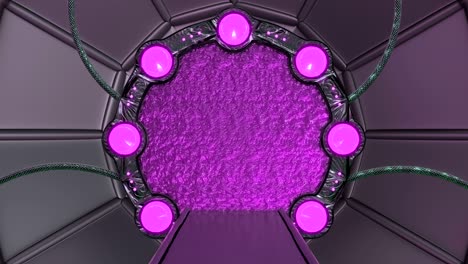 iron hatch opens panoramic view to the spaceship landscape scene. 3d abstract background of sci-fi corridor with portal. futuristic technology abstract vj for tech titles and background.