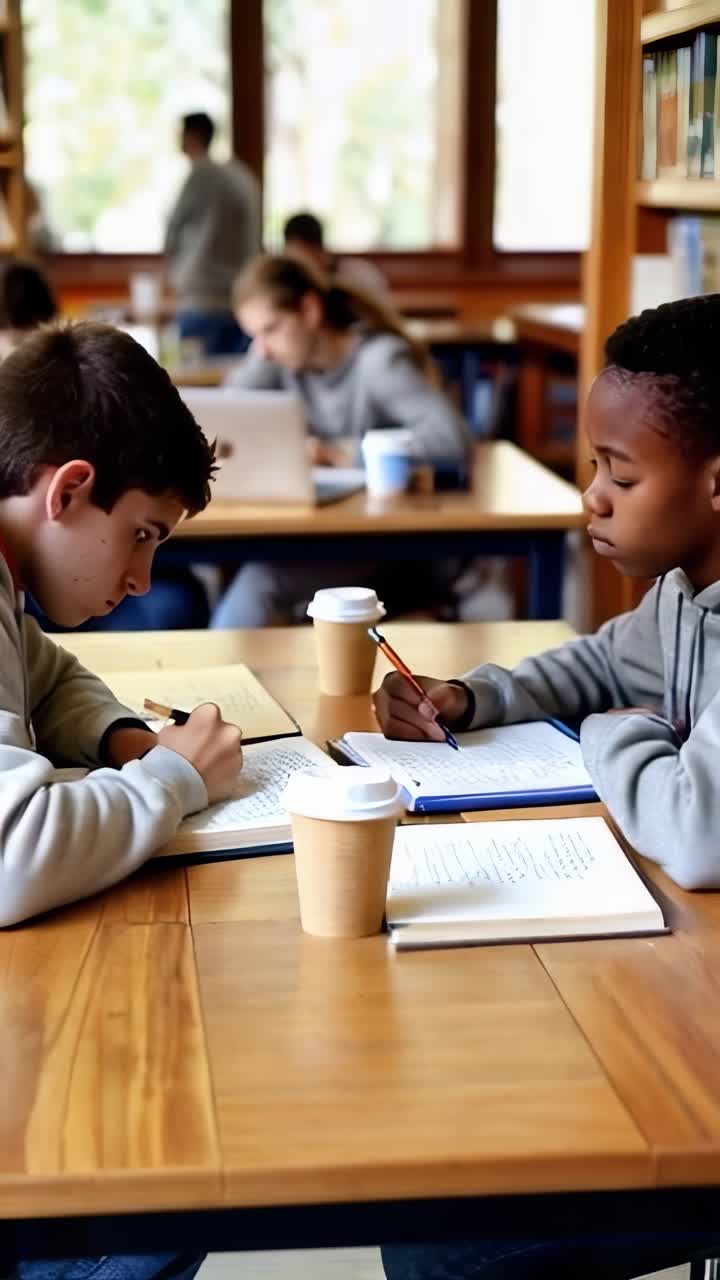 Two students are sitting at a table in a library, working on their homework